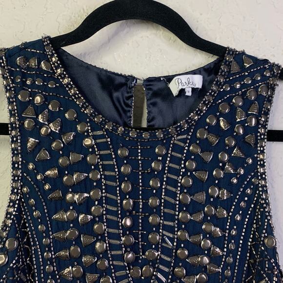 PARKER Blue Allegra Beaded Embellished Silk Sleeveless Mini‎ Shift Dress Size M - Picture 2 of 13